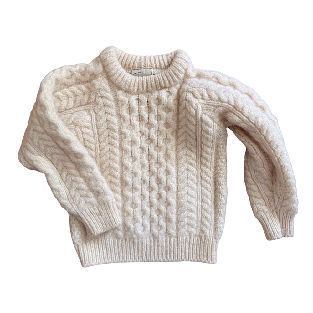 Carraig Donn Kids Irish Wool Aran Cable Knit Fisherman Sweater Cream Ireland 3T